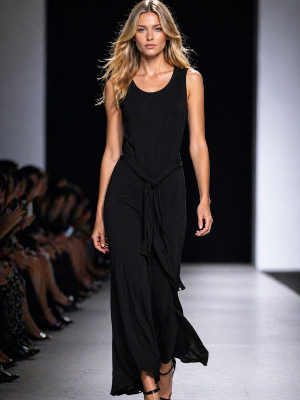 A New Day Black Sleeveless Maxi Dress Size S Tie Waist Minimal Chic